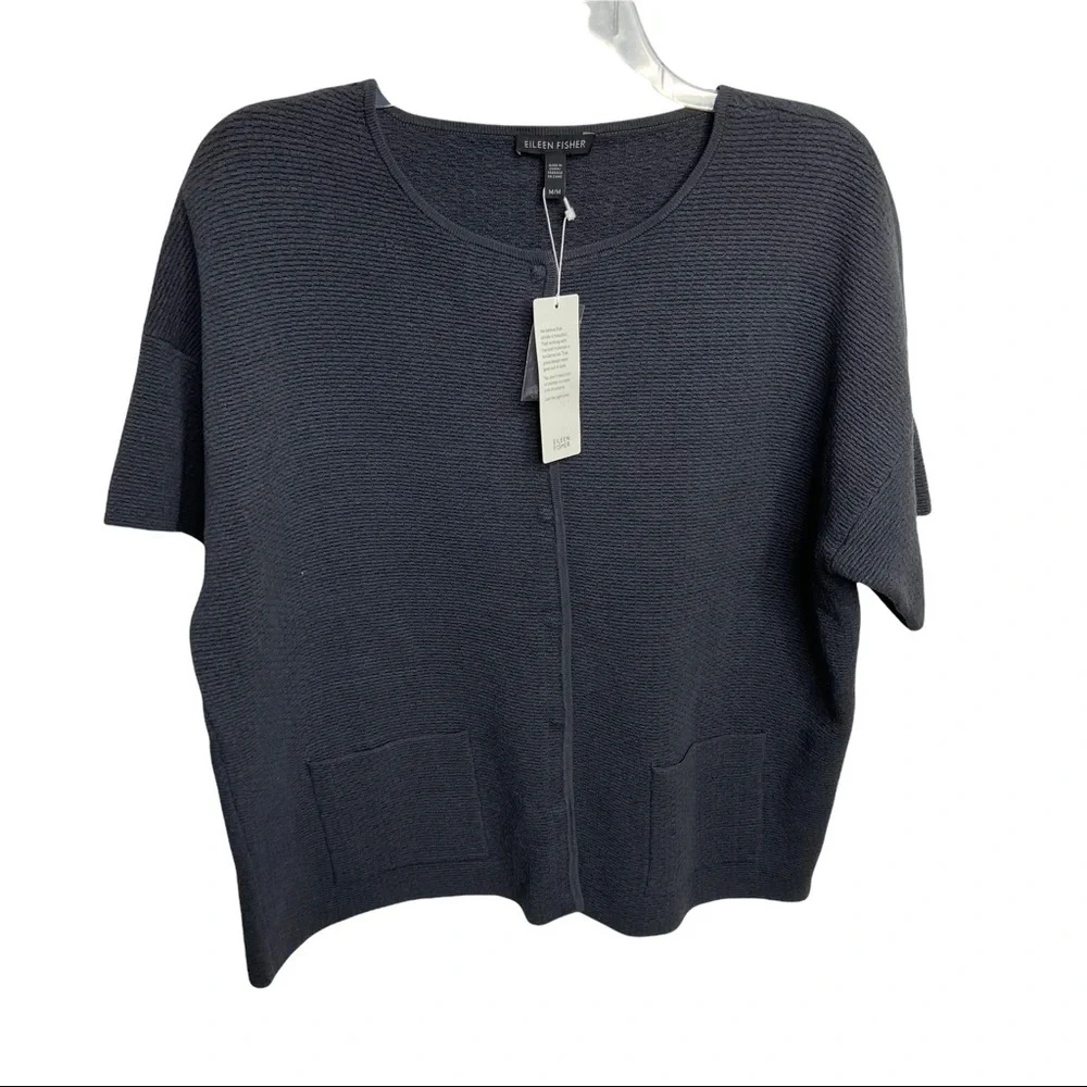 NWT Eileen Fisher Size Medium Short Sleeve Silk Blend Cardigan Gray Graphite